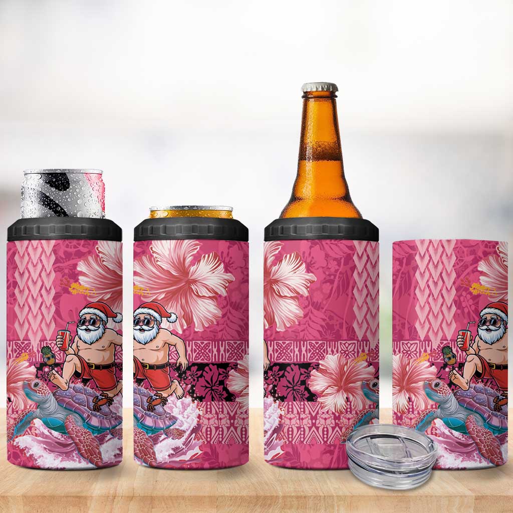 Hawaii Mele Kalikimaka 4 in 1 Can Cooler Tumbler Funny Santa with Tribal Tattoos Kakau Pink Color LT03 - Polynesian Pride