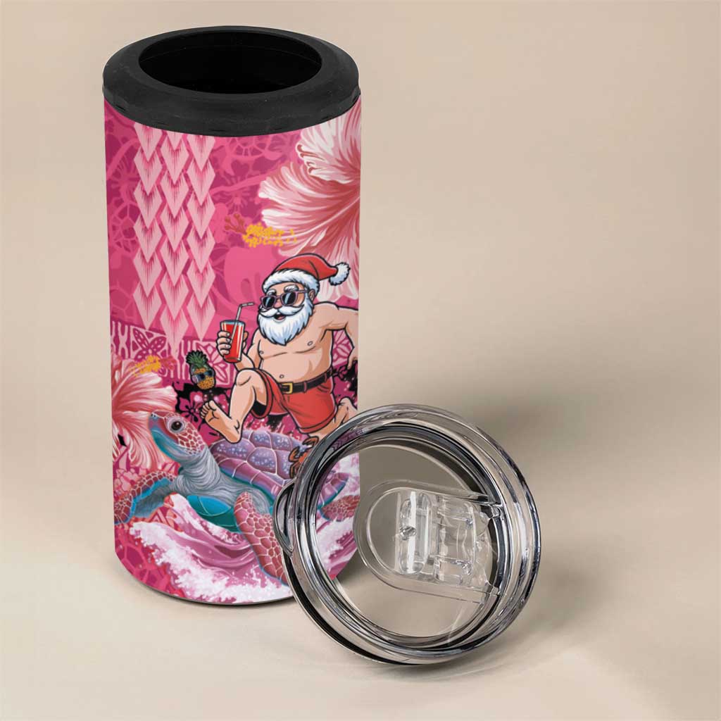 Hawaii Mele Kalikimaka 4 in 1 Can Cooler Tumbler Funny Santa with Tribal Tattoos Kakau Pink Color LT03 - Polynesian Pride