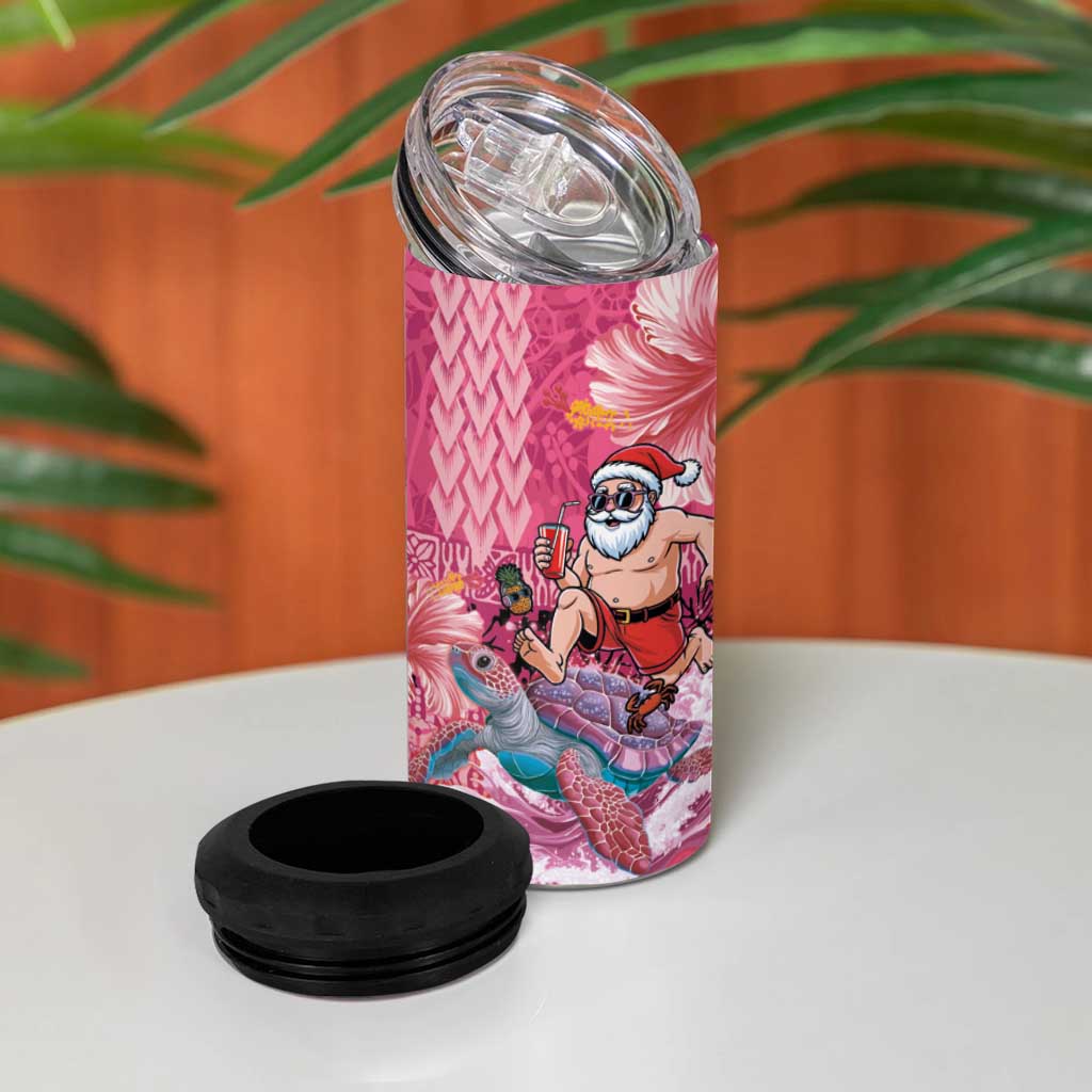 Hawaii Mele Kalikimaka 4 in 1 Can Cooler Tumbler Funny Santa with Tribal Tattoos Kakau Pink Color LT03 - Polynesian Pride