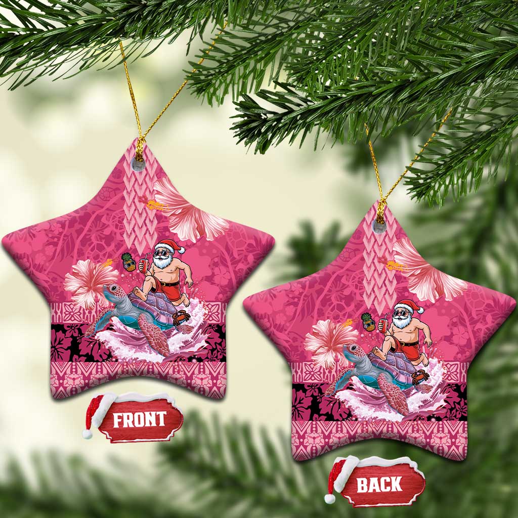 Hawaii Mele Kalikimaka Ceramic Ornament Funny Santa with Tribal Tattoos Kakau Pink Color - Polynesian Pride