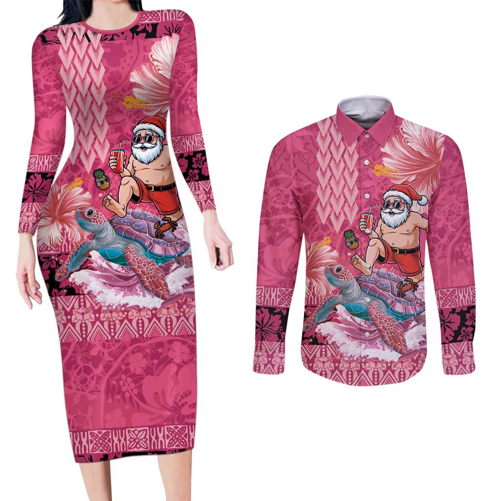 Hawaii Mele Kalikimaka Couples Matching Long Sleeve Bodycon Dress and Long Sleeve Button Shirt Funny Santa with Tribal Tattoos Kakau Pink Color LT03 Pink - Polynesian Pride