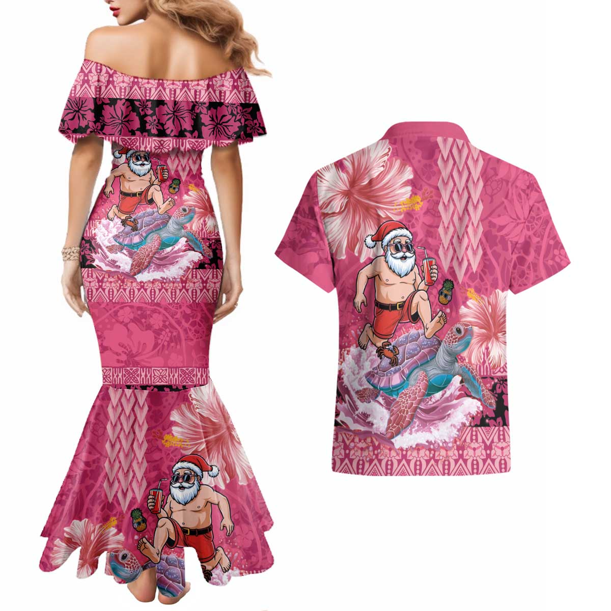 Hawaii Mele Kalikimaka Couples Matching Mermaid Dress and Hawaiian Shirt Funny Santa with Tribal Tattoos Kakau Pink Color LT03 - Polynesian Pride