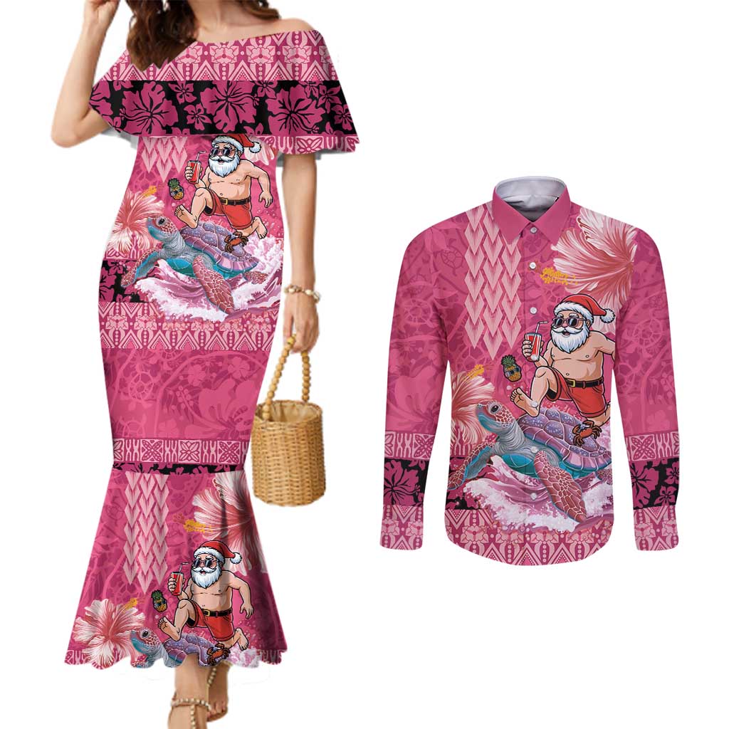 Hawaii Mele Kalikimaka Couples Matching Mermaid Dress and Long Sleeve Button Shirt Funny Santa with Tribal Tattoos Kakau Pink Color LT03 Pink - Polynesian Pride