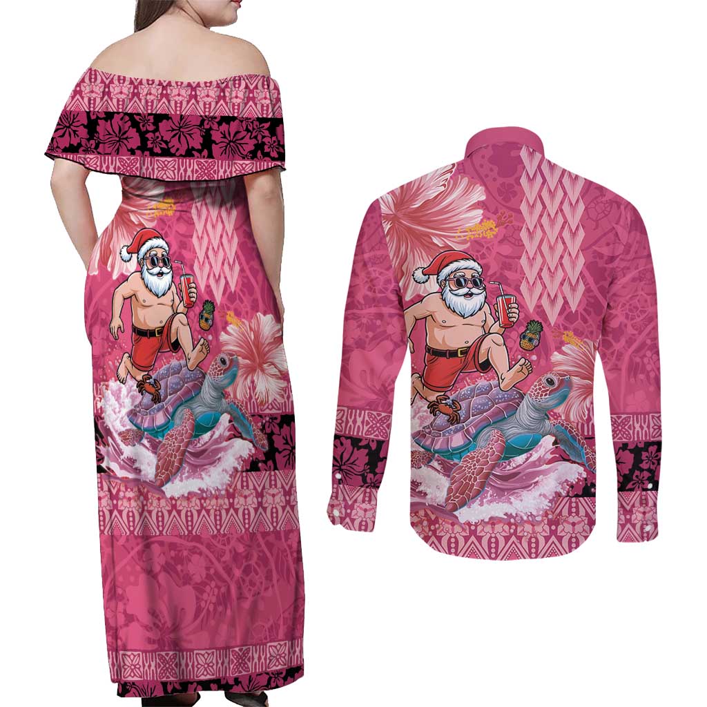Hawaii Mele Kalikimaka Couples Matching Off Shoulder Maxi Dress and Long Sleeve Button Shirt Funny Santa with Tribal Tattoos Kakau Pink Color LT03 - Polynesian Pride