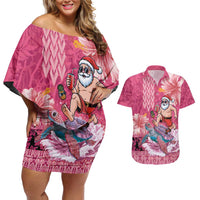 Hawaii Mele Kalikimaka Couples Matching Off Shoulder Short Dress and Hawaiian Shirt Funny Santa with Tribal Tattoos Kakau Pink Color LT03 Pink - Polynesian Pride