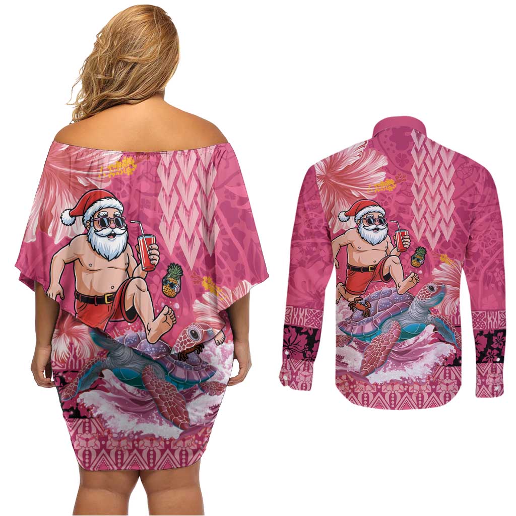 Hawaii Mele Kalikimaka Couples Matching Off Shoulder Short Dress and Long Sleeve Button Shirt Funny Santa with Tribal Tattoos Kakau Pink Color LT03 - Polynesian Pride