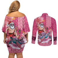 Hawaii Mele Kalikimaka Couples Matching Off Shoulder Short Dress and Long Sleeve Button Shirt Funny Santa with Tribal Tattoos Kakau Pink Color LT03 - Polynesian Pride