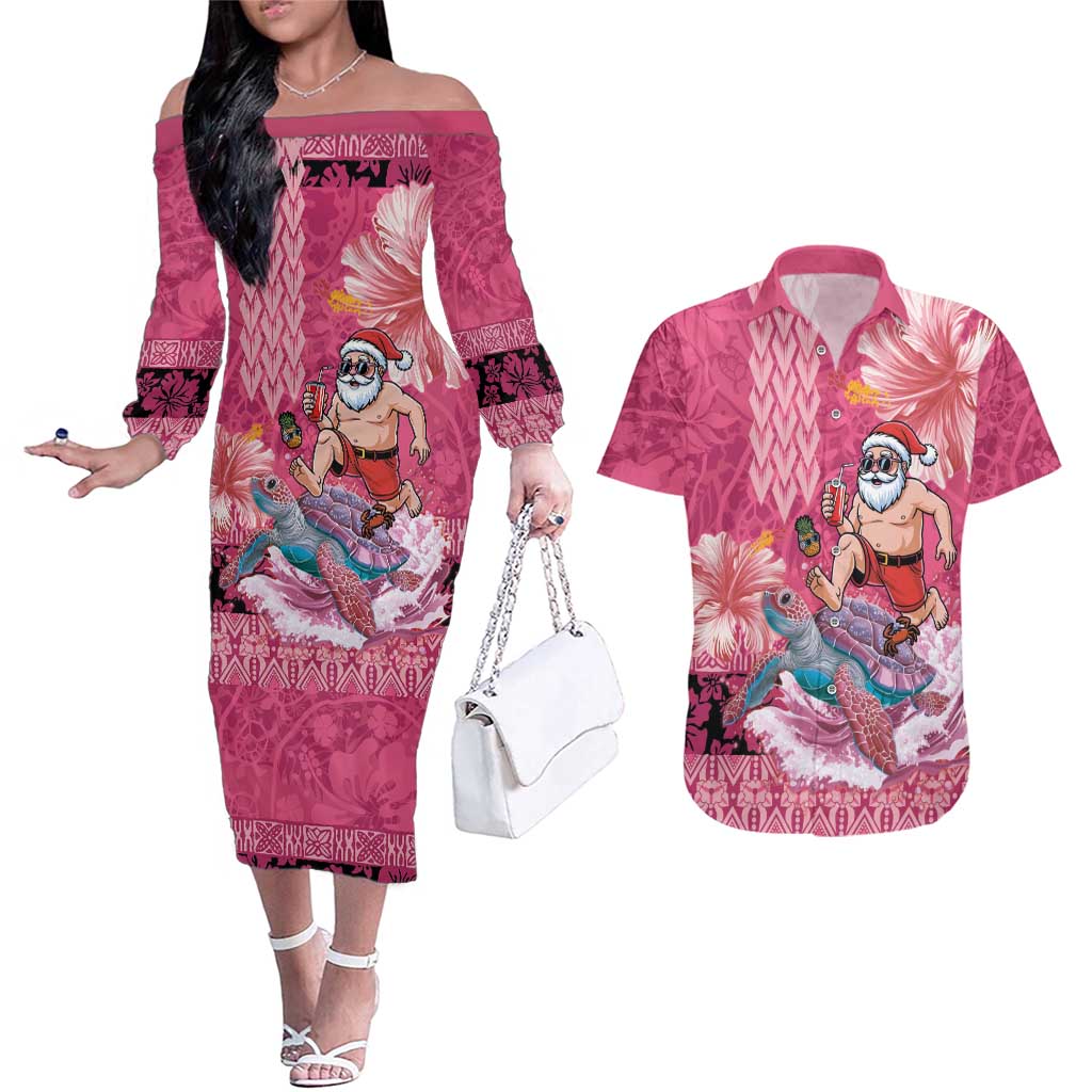 Hawaii Mele Kalikimaka Couples Matching Off The Shoulder Long Sleeve Dress and Hawaiian Shirt Funny Santa with Tribal Tattoos Kakau Pink Color LT03 Pink - Polynesian Pride