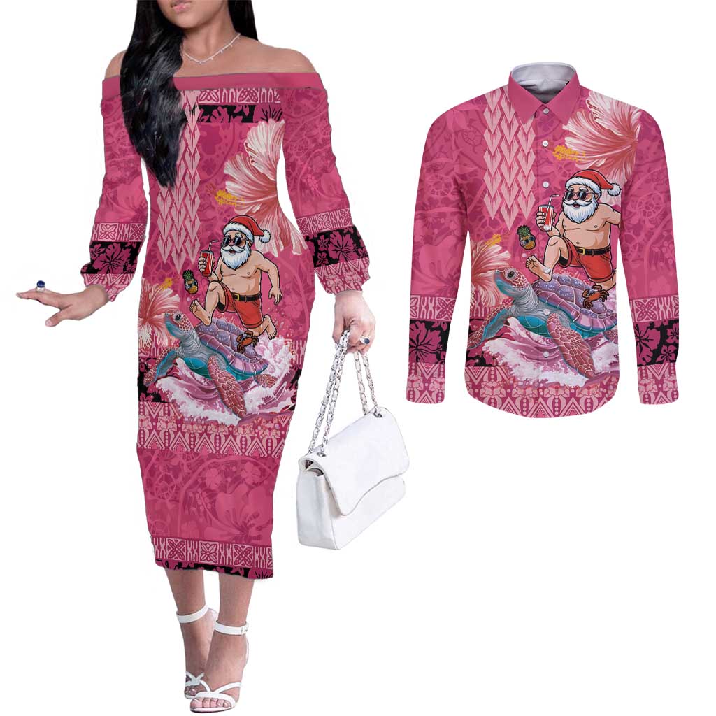 Hawaii Mele Kalikimaka Couples Matching Off The Shoulder Long Sleeve Dress and Long Sleeve Button Shirt Funny Santa with Tribal Tattoos Kakau Pink Color LT03 Pink - Polynesian Pride