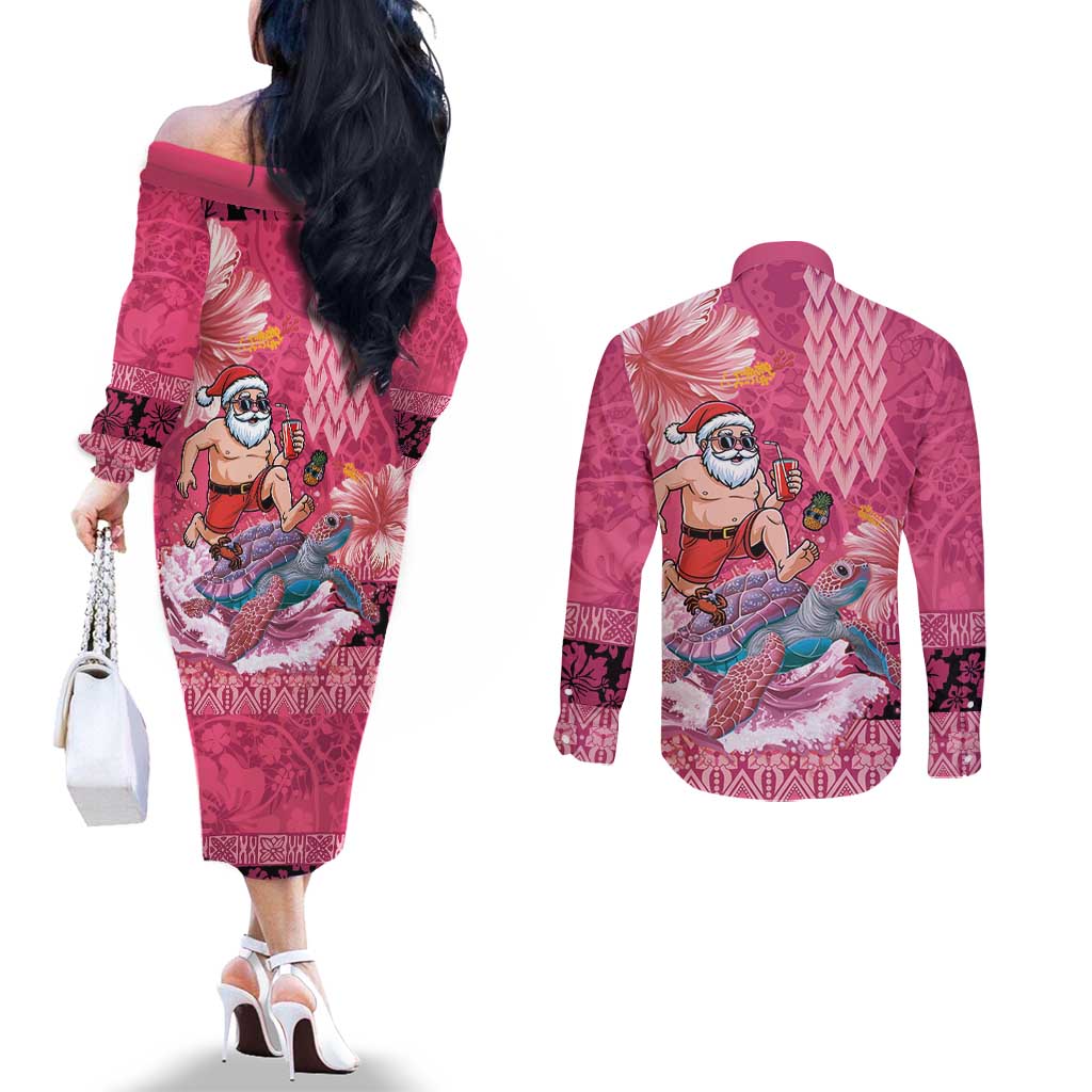 Hawaii Mele Kalikimaka Couples Matching Off The Shoulder Long Sleeve Dress and Long Sleeve Button Shirt Funny Santa with Tribal Tattoos Kakau Pink Color LT03 - Polynesian Pride