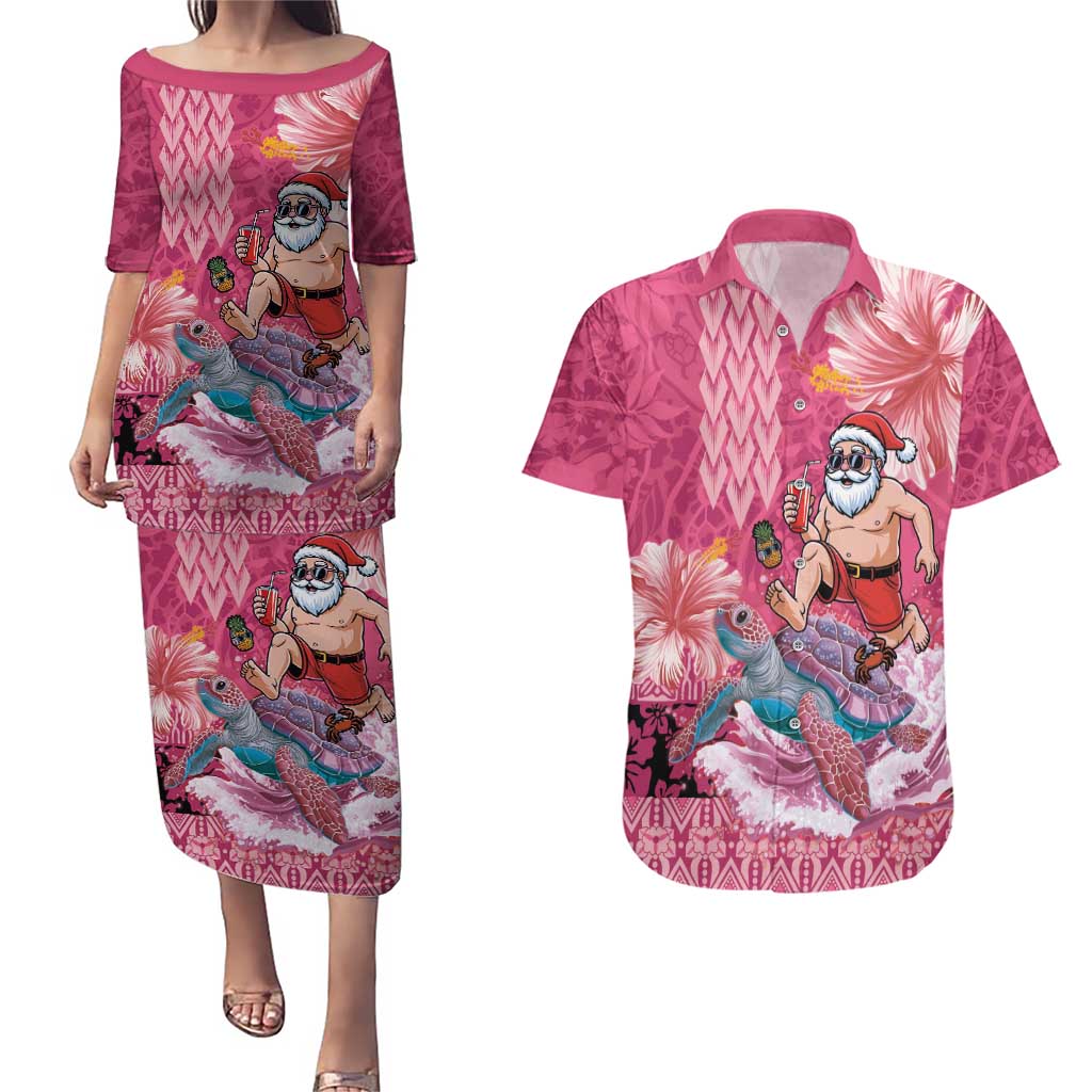 Hawaii Mele Kalikimaka Couples Matching Puletasi and Hawaiian Shirt Funny Santa with Tribal Tattoos Kakau Pink Color LT03 Pink - Polynesian Pride