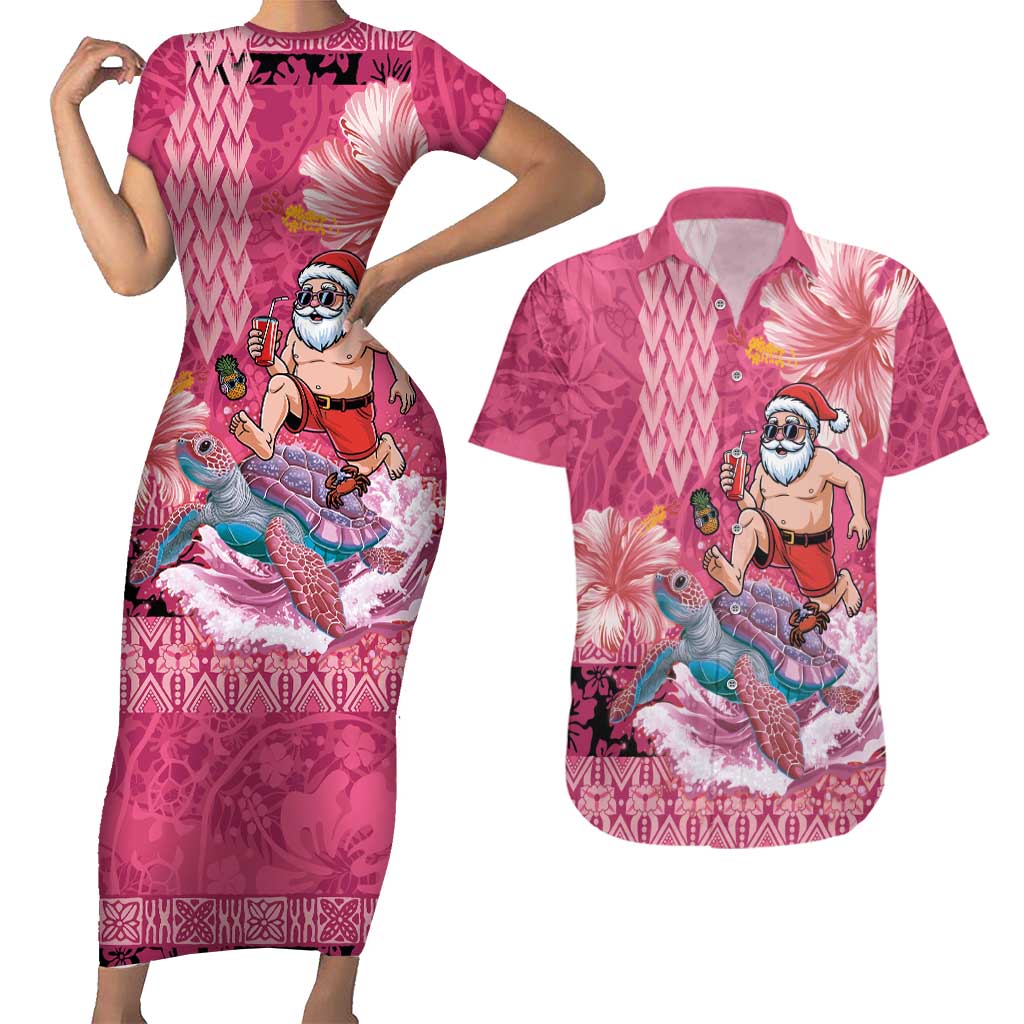 Hawaii Mele Kalikimaka Couples Matching Short Sleeve Bodycon Dress and Hawaiian Shirt Funny Santa with Tribal Tattoos Kakau Pink Color LT03 Pink - Polynesian Pride