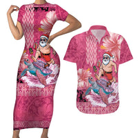 Hawaii Mele Kalikimaka Couples Matching Short Sleeve Bodycon Dress and Hawaiian Shirt Funny Santa with Tribal Tattoos Kakau Pink Color LT03 Pink - Polynesian Pride