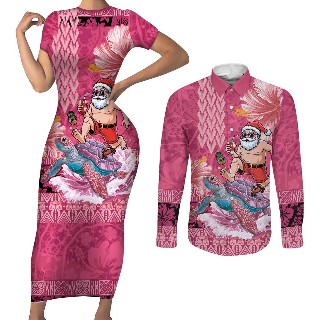 Hawaii Mele Kalikimaka Couples Matching Short Sleeve Bodycon Dress and Long Sleeve Button Shirt Funny Santa with Tribal Tattoos Kakau Pink Color LT03 Pink - Polynesian Pride
