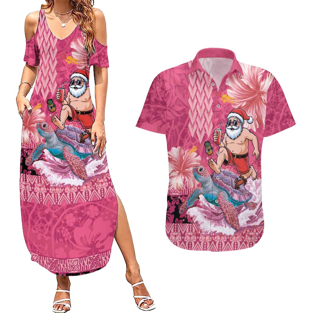 Hawaii Mele Kalikimaka Couples Matching Summer Maxi Dress and Hawaiian Shirt Funny Santa with Tribal Tattoos Kakau Pink Color LT03 Pink - Polynesian Pride