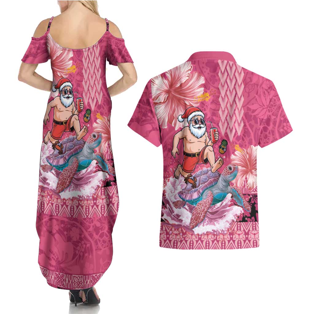 Hawaii Mele Kalikimaka Couples Matching Summer Maxi Dress and Hawaiian Shirt Funny Santa with Tribal Tattoos Kakau Pink Color LT03 - Polynesian Pride