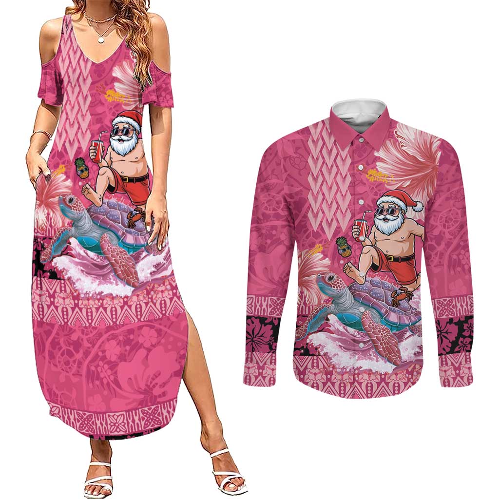 Hawaii Mele Kalikimaka Couples Matching Summer Maxi Dress and Long Sleeve Button Shirt Funny Santa with Tribal Tattoos Kakau Pink Color LT03 Pink - Polynesian Pride