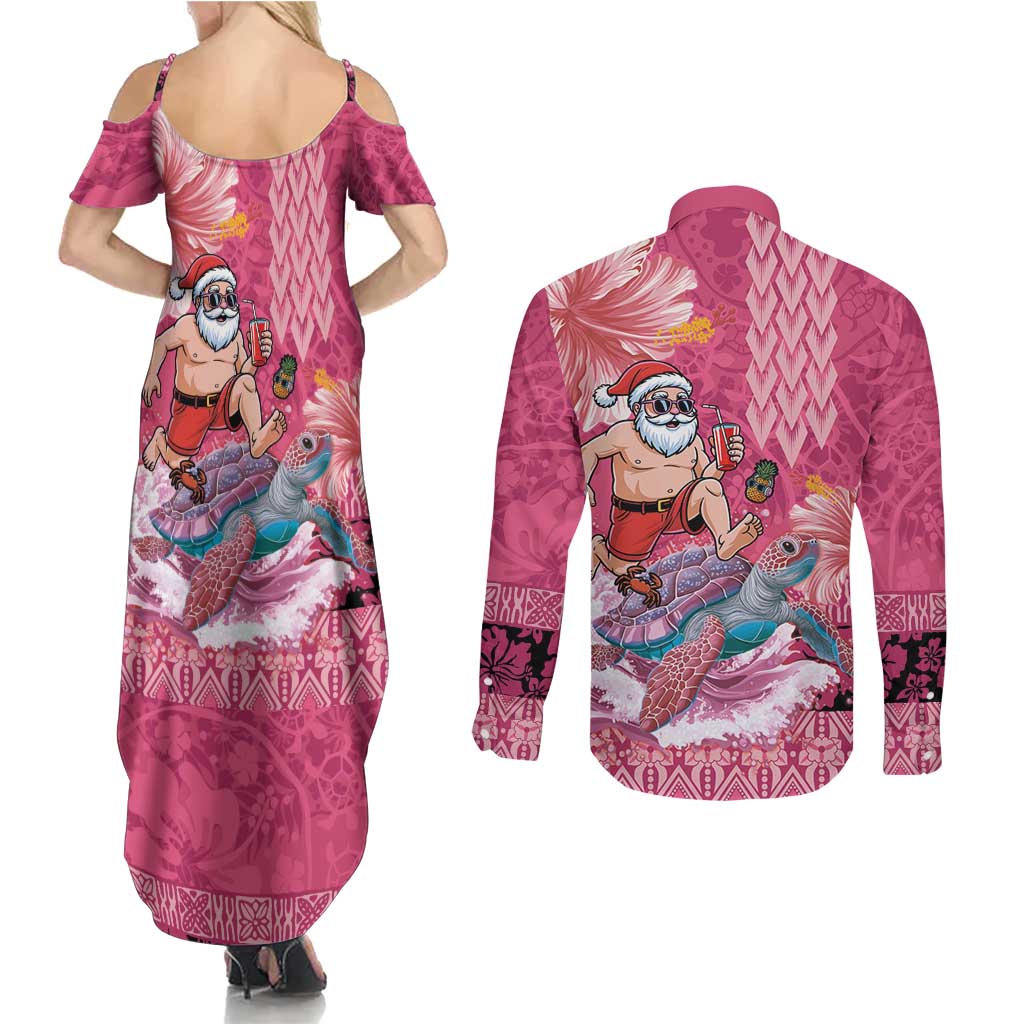 Hawaii Mele Kalikimaka Couples Matching Summer Maxi Dress and Long Sleeve Button Shirt Funny Santa with Tribal Tattoos Kakau Pink Color LT03 - Polynesian Pride
