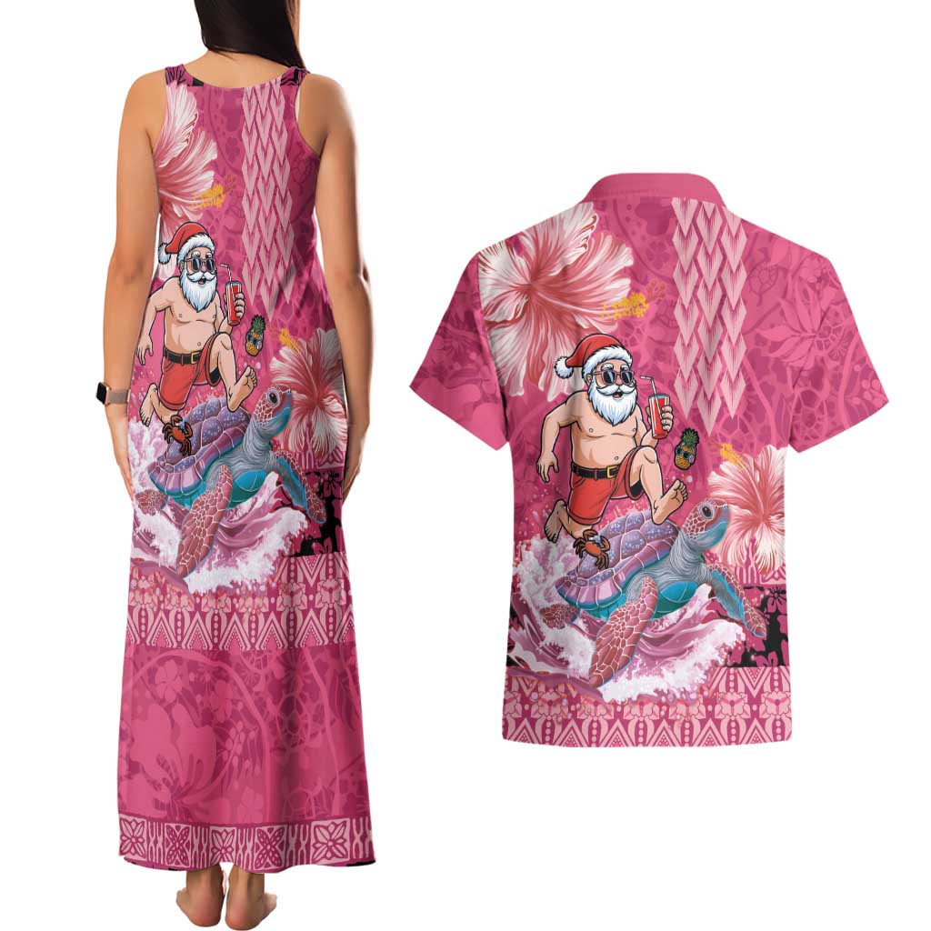 Hawaii Mele Kalikimaka Couples Matching Tank Maxi Dress and Hawaiian Shirt Funny Santa with Tribal Tattoos Kakau Pink Color LT03 - Polynesian Pride