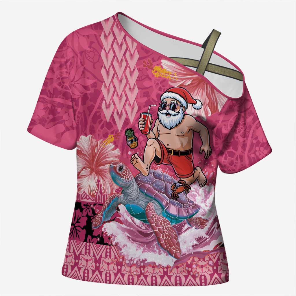 Hawaii Mele Kalikimaka Cross Shoulder Shirt Funny Santa with Tribal Tattoos Kakau Pink Color LT03 Female Pink - Polynesian Pride