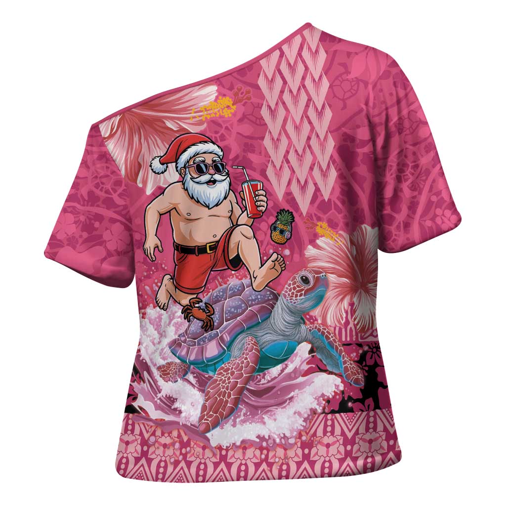 Hawaii Mele Kalikimaka Cross Shoulder Shirt Funny Santa with Tribal Tattoos Kakau Pink Color LT03 - Polynesian Pride