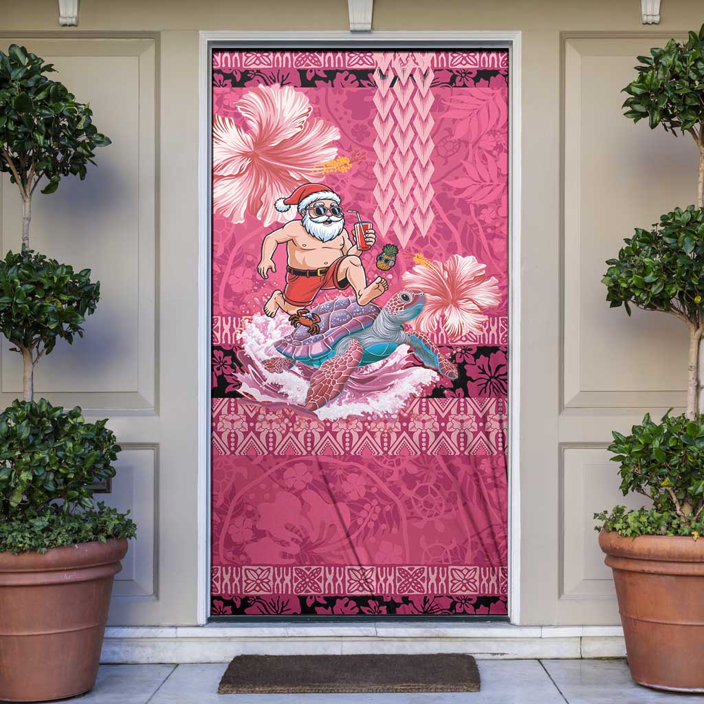 Hawaii Mele Kalikimaka Door Cover Funny Santa with Tribal Tattoos Kakau Pink Color LT03 Pink - Polynesian Pride