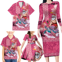 Hawaii Mele Kalikimaka Family Matching Long Sleeve Bodycon Dress and Hawaiian Shirt Funny Santa with Tribal Tattoos Kakau Pink Color LT03 - Polynesian Pride