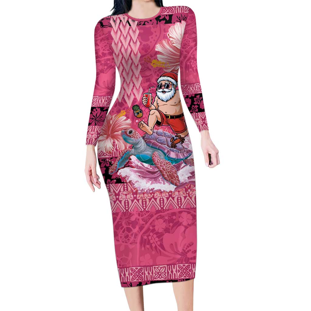 Hawaii Mele Kalikimaka Family Matching Long Sleeve Bodycon Dress and Hawaiian Shirt Funny Santa with Tribal Tattoos Kakau Pink Color LT03 Mom's Dress Pink - Polynesian Pride