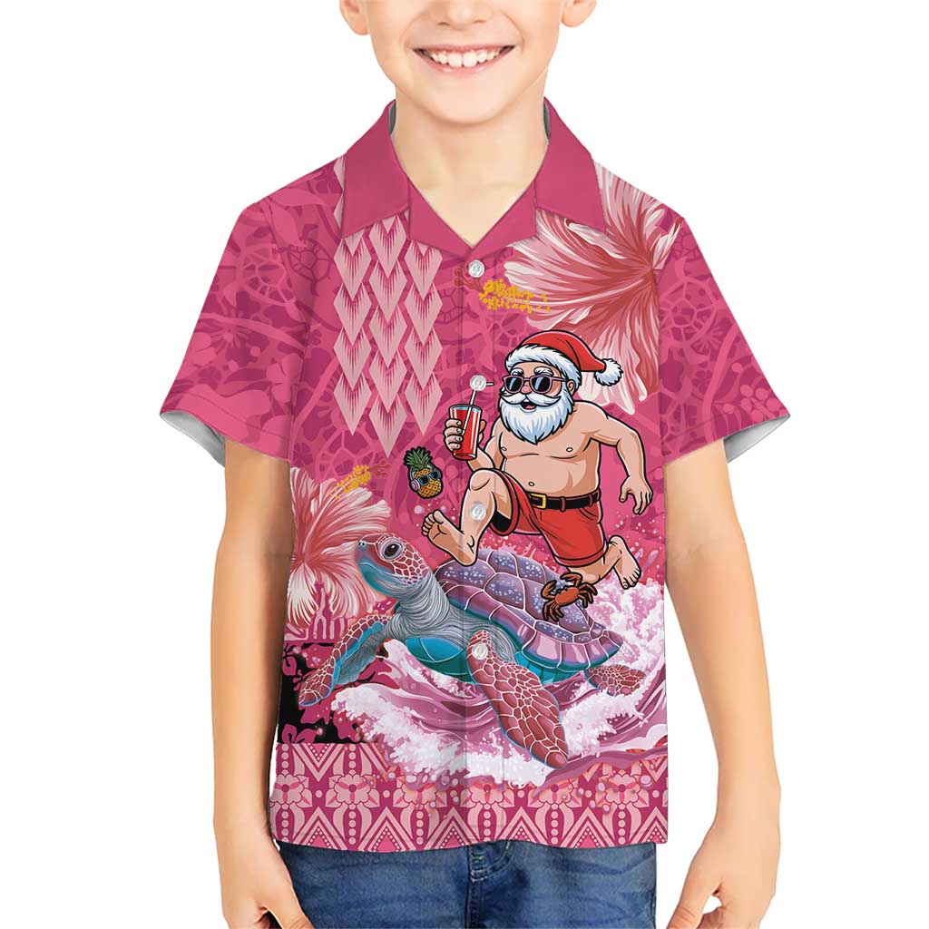 Hawaii Mele Kalikimaka Family Matching Long Sleeve Bodycon Dress and Hawaiian Shirt Funny Santa with Tribal Tattoos Kakau Pink Color LT03 Son's Shirt Pink - Polynesian Pride