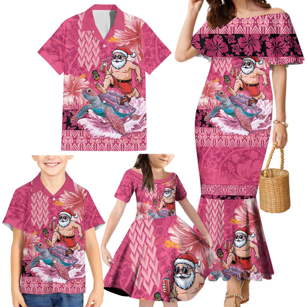 Hawaii Mele Kalikimaka Family Matching Mermaid Dress and Hawaiian Shirt Funny Santa with Tribal Tattoos Kakau Pink Color - Polynesian Pride