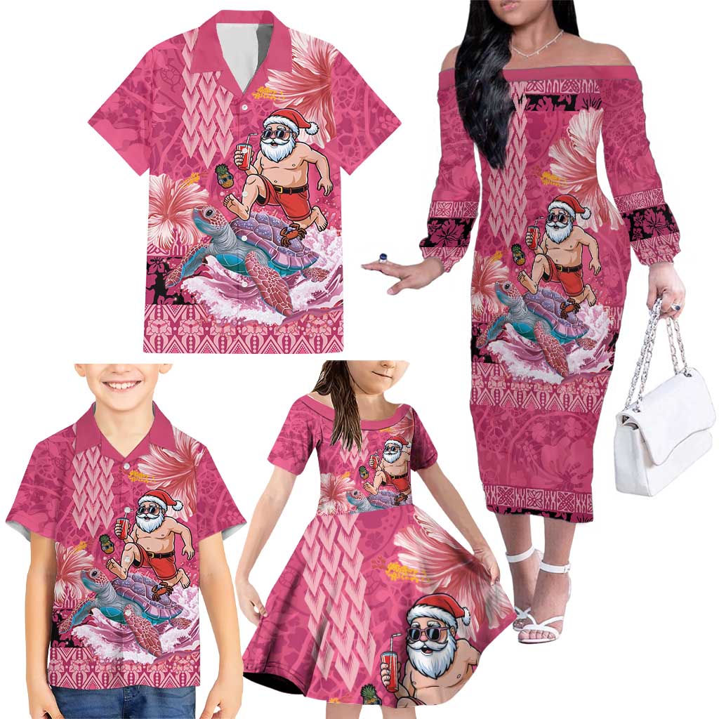 Hawaii Mele Kalikimaka Family Matching Off The Shoulder Long Sleeve Dress and Hawaiian Shirt Funny Santa with Tribal Tattoos Kakau Pink Color LT03 - Polynesian Pride