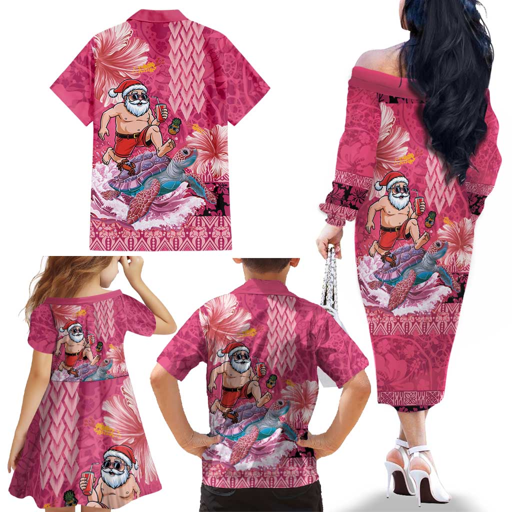 Hawaii Mele Kalikimaka Family Matching Off The Shoulder Long Sleeve Dress and Hawaiian Shirt Funny Santa with Tribal Tattoos Kakau Pink Color LT03 - Polynesian Pride