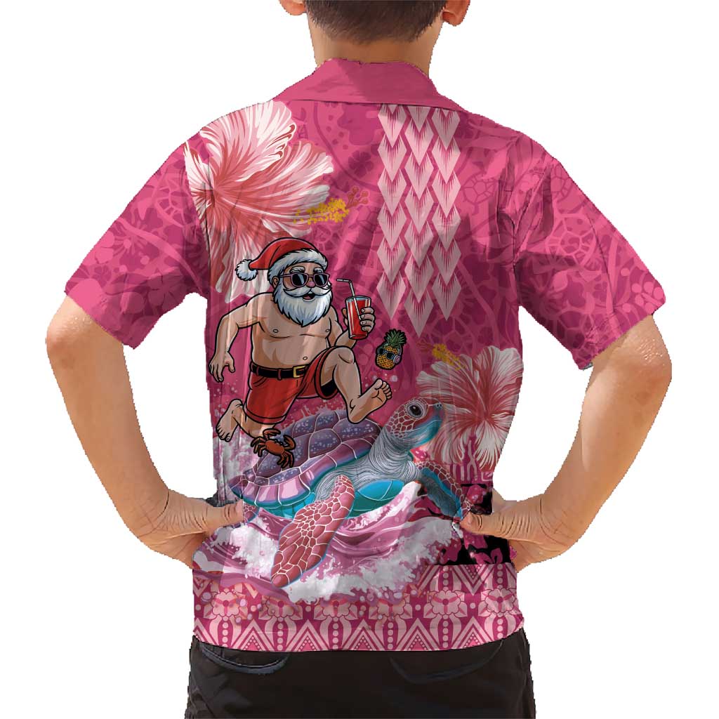 Hawaii Mele Kalikimaka Family Matching Off Shoulder Short Dress and Hawaiian Shirt Funny Santa with Tribal Tattoos Kakau Pink Color LT03 - Polynesian Pride
