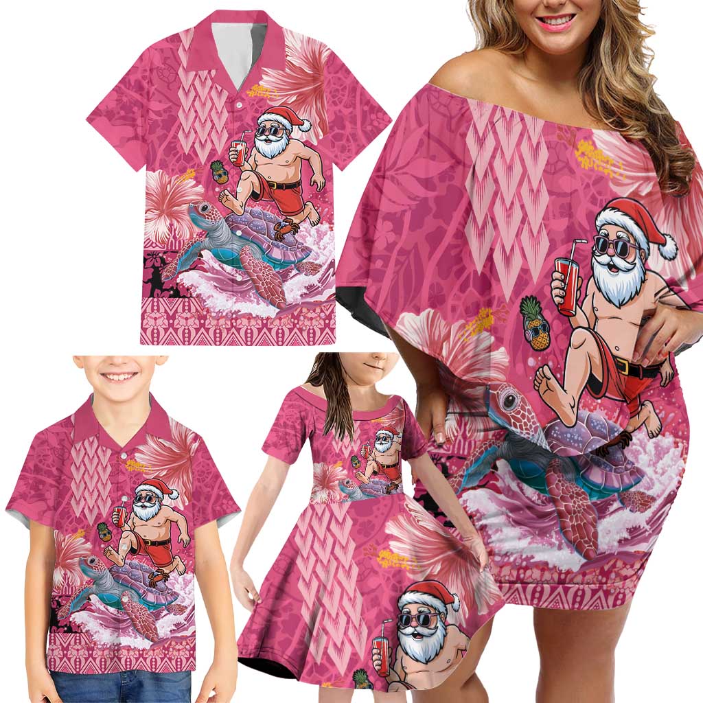 Hawaii Mele Kalikimaka Family Matching Off Shoulder Short Dress and Hawaiian Shirt Funny Santa with Tribal Tattoos Kakau Pink Color - Polynesian Pride