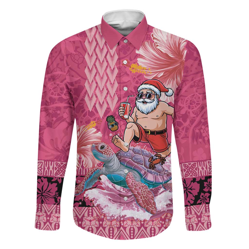Hawaii Mele Kalikimaka Family Matching Off Shoulder Short Dress and Hawaiian Shirt Funny Santa with Tribal Tattoos Kakau Pink Color LT03 Dad's Shirt - Long Sleeve Pink - Polynesian Pride