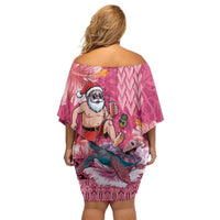 Hawaii Mele Kalikimaka Family Matching Off Shoulder Short Dress and Hawaiian Shirt Funny Santa with Tribal Tattoos Kakau Pink Color LT03 - Polynesian Pride