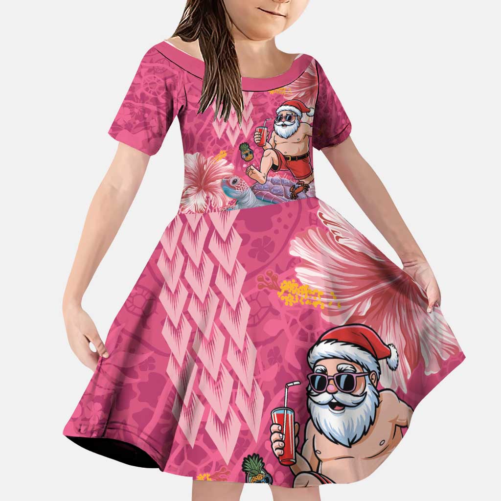 Hawaii Mele Kalikimaka Family Matching Puletasi and Hawaiian Shirt Funny Santa with Tribal Tattoos Kakau Pink Color LT03 Daughter's Dress Pink - Polynesian Pride
