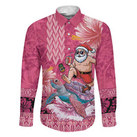 Hawaii Mele Kalikimaka Family Matching Puletasi and Hawaiian Shirt Funny Santa with Tribal Tattoos Kakau Pink Color LT03 Dad's Shirt - Long Sleeve Pink - Polynesian Pride