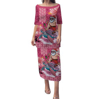 Hawaii Mele Kalikimaka Family Matching Puletasi and Hawaiian Shirt Funny Santa with Tribal Tattoos Kakau Pink Color LT03 Mom's Dress Pink - Polynesian Pride