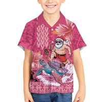 Hawaii Mele Kalikimaka Family Matching Puletasi and Hawaiian Shirt Funny Santa with Tribal Tattoos Kakau Pink Color LT03 Son's Shirt Pink - Polynesian Pride