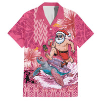 Hawaii Mele Kalikimaka Family Matching Short Sleeve Bodycon Dress and Hawaiian Shirt Funny Santa with Tribal Tattoos Kakau Pink Color LT03 Dad's Shirt - Short Sleeve Pink - Polynesian Pride
