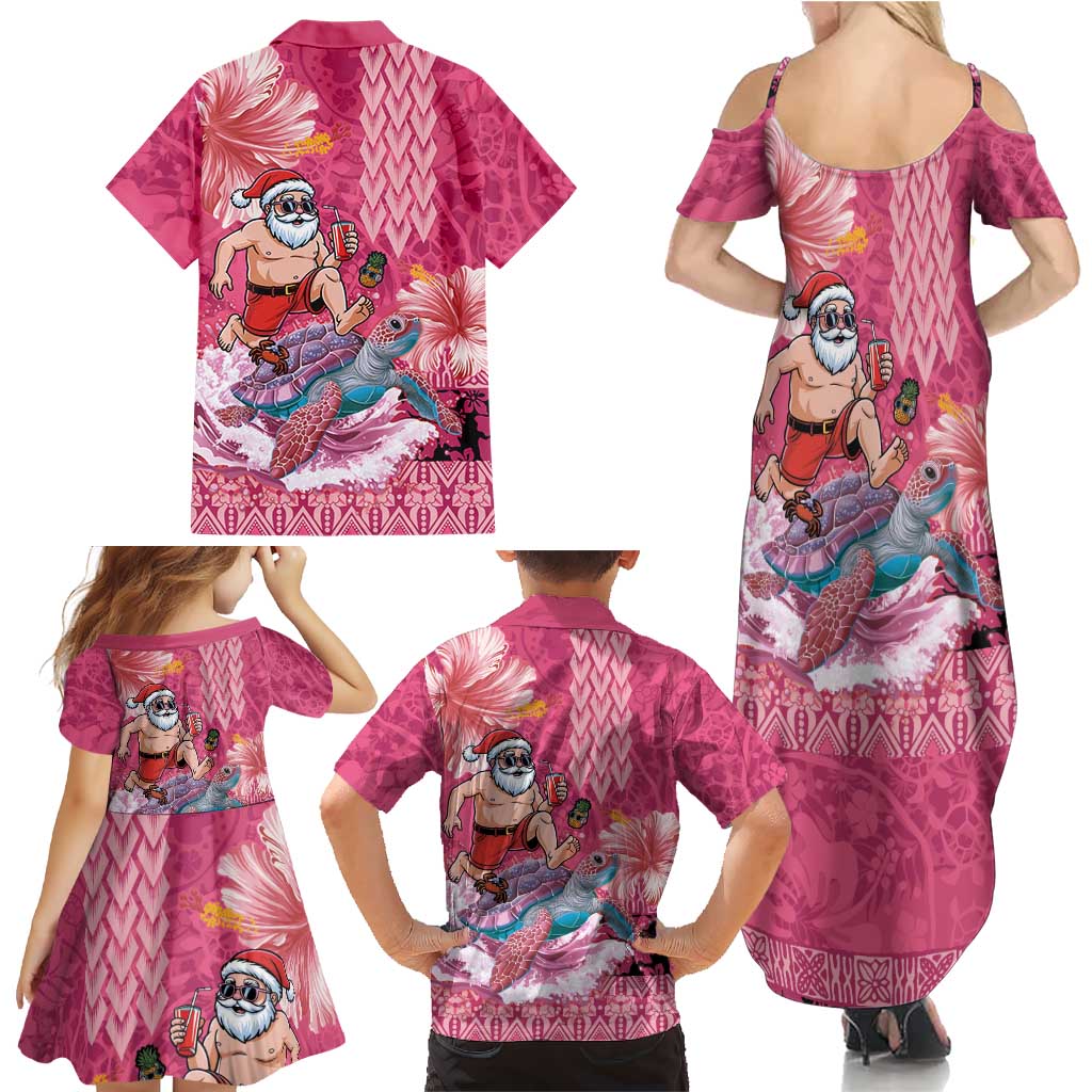 Hawaii Mele Kalikimaka Family Matching Summer Maxi Dress and Hawaiian Shirt Funny Santa with Tribal Tattoos Kakau Pink Color LT03 - Polynesian Pride