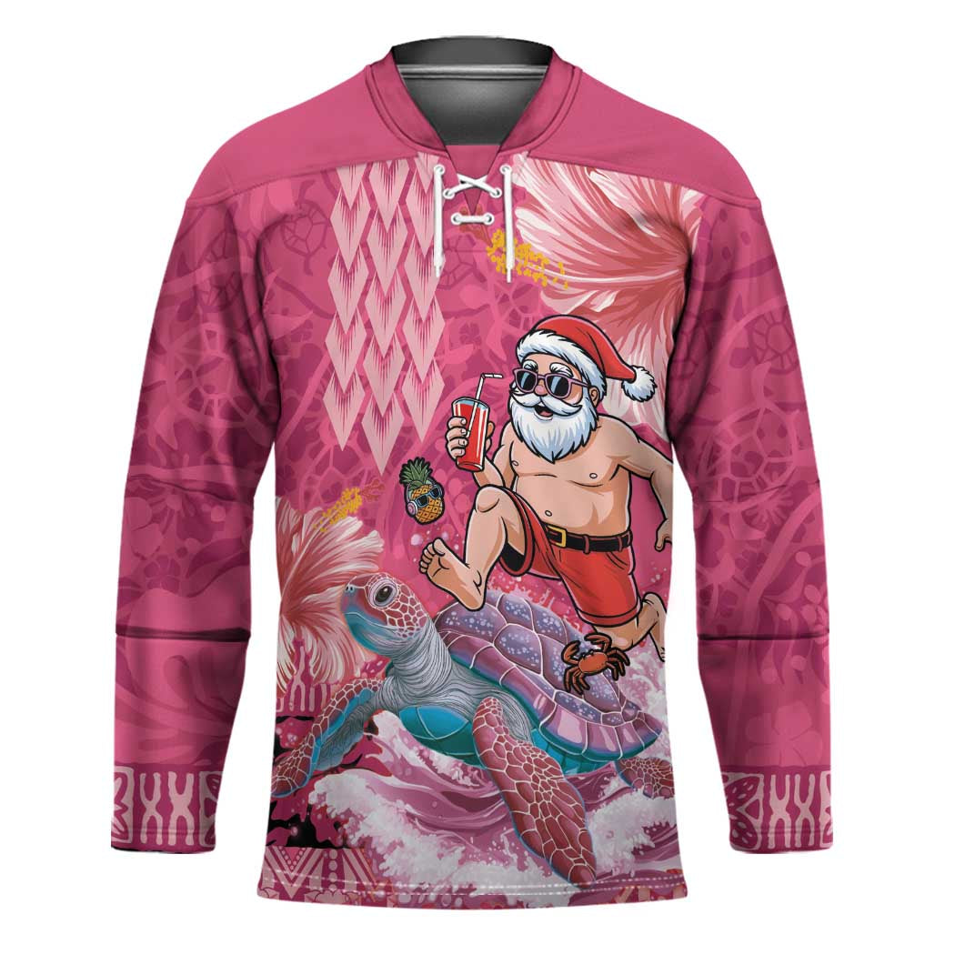 Hawaii Mele Kalikimaka Hockey Jersey Funny Santa with Tribal Tattoos Kakau Pink Color - Polynesian Pride