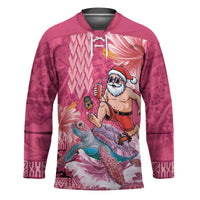 Hawaii Mele Kalikimaka Hockey Jersey Funny Santa with Tribal Tattoos Kakau Pink Color LT03 Unisex Pink - Polynesian Pride