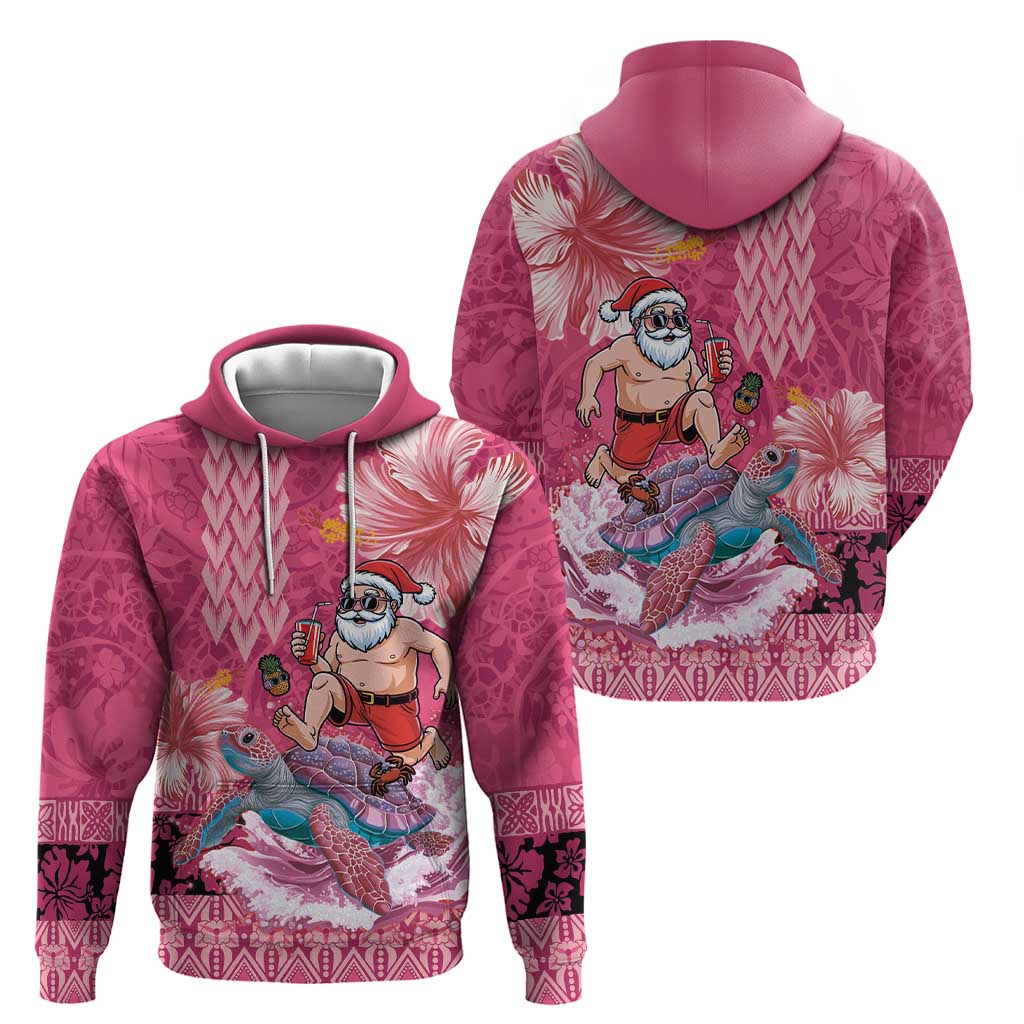 Hawaii Mele Kalikimaka Hoodie Funny Santa with Tribal Tattoos Kakau Pink Color LT03 - Polynesian Pride