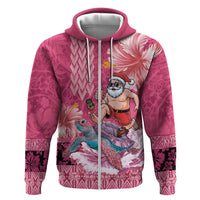 Hawaii Mele Kalikimaka Hoodie Funny Santa with Tribal Tattoos Kakau Pink Color LT03 Zip Hoodie Pink - Polynesian Pride