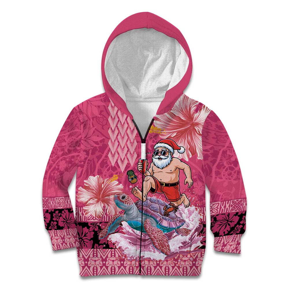 Hawaii Mele Kalikimaka Kid Hoodie Funny Santa with Tribal Tattoos Kakau Pink Color LT03 Zip Hoodie Pink - Polynesian Pride