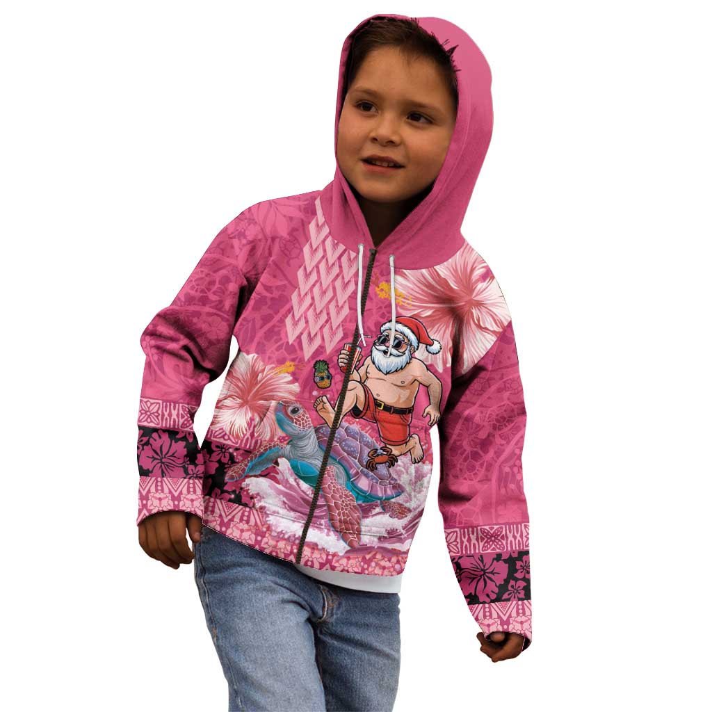 Hawaii Mele Kalikimaka Kid Hoodie Funny Santa with Tribal Tattoos Kakau Pink Color LT03 - Polynesian Pride