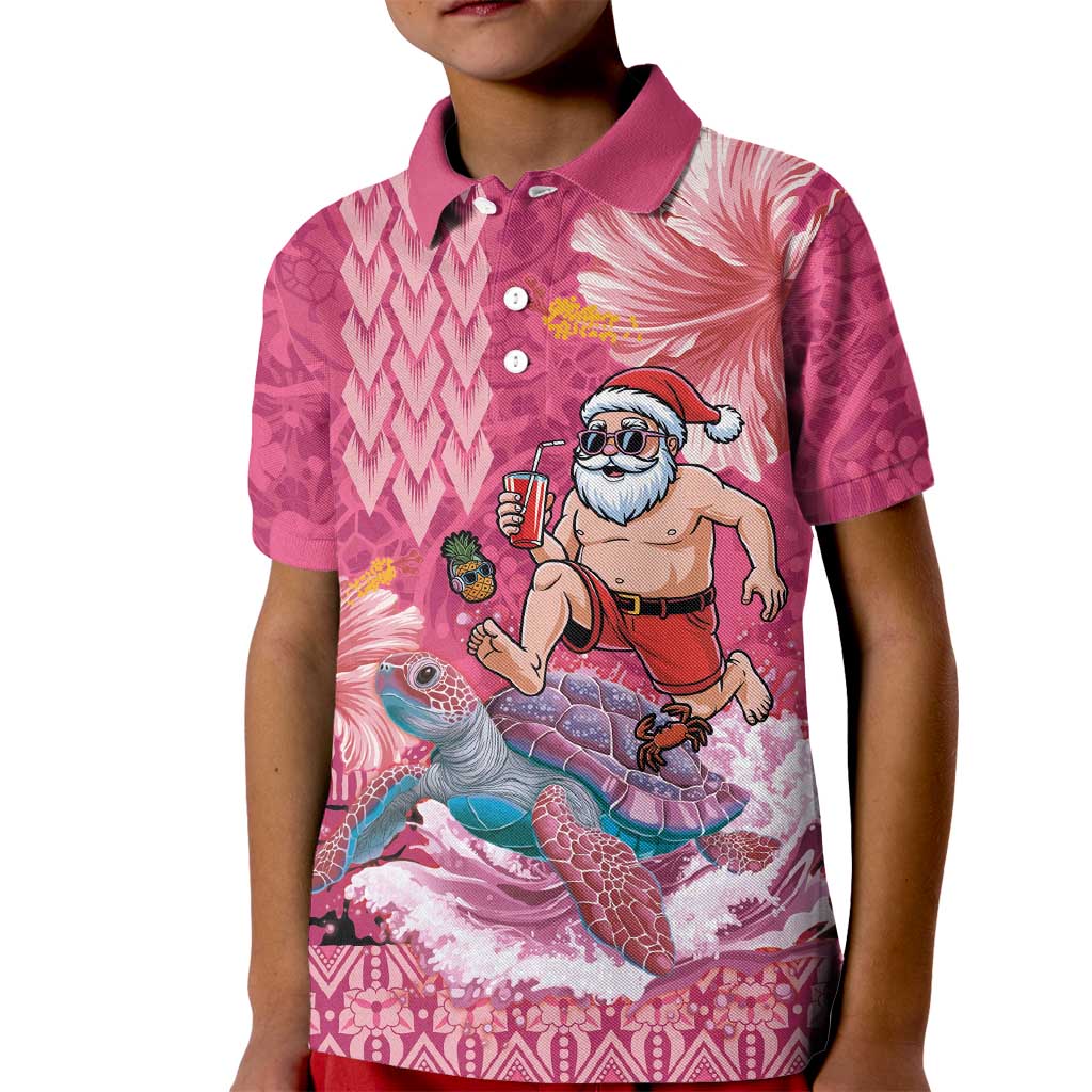 Hawaii Mele Kalikimaka Kid Polo Shirt Funny Santa with Tribal Tattoos Kakau Pink Color LT03 Kid Pink - Polynesian Pride