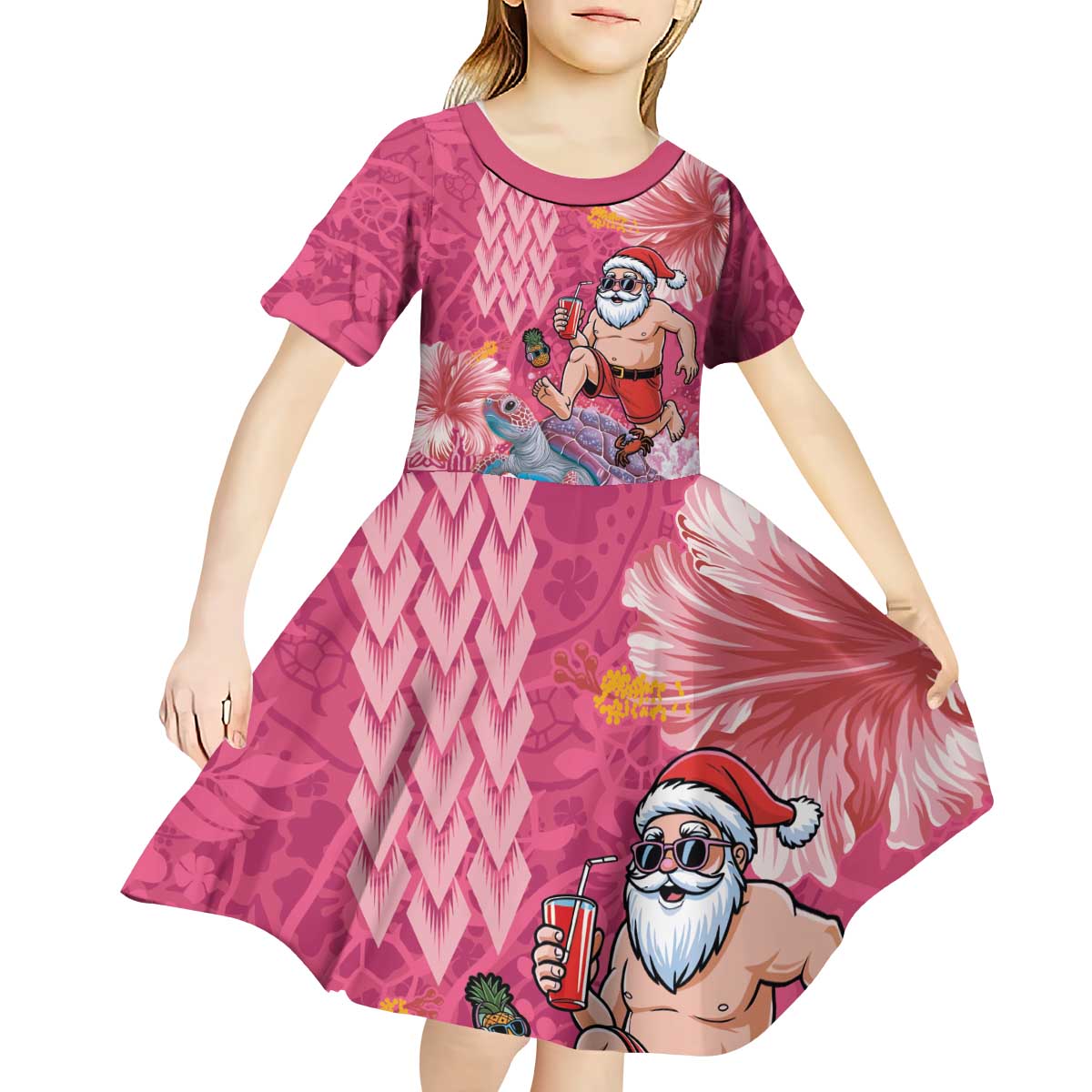 Hawaii Mele Kalikimaka Kid Short Sleeve Dress Funny Santa with Tribal Tattoos Kakau Pink Color LT03 - Polynesian Pride